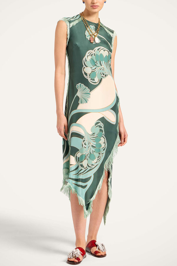 Bohemian Style Floral Print Tassel Trim Irregular Hem Slit Scarf Midi Dress