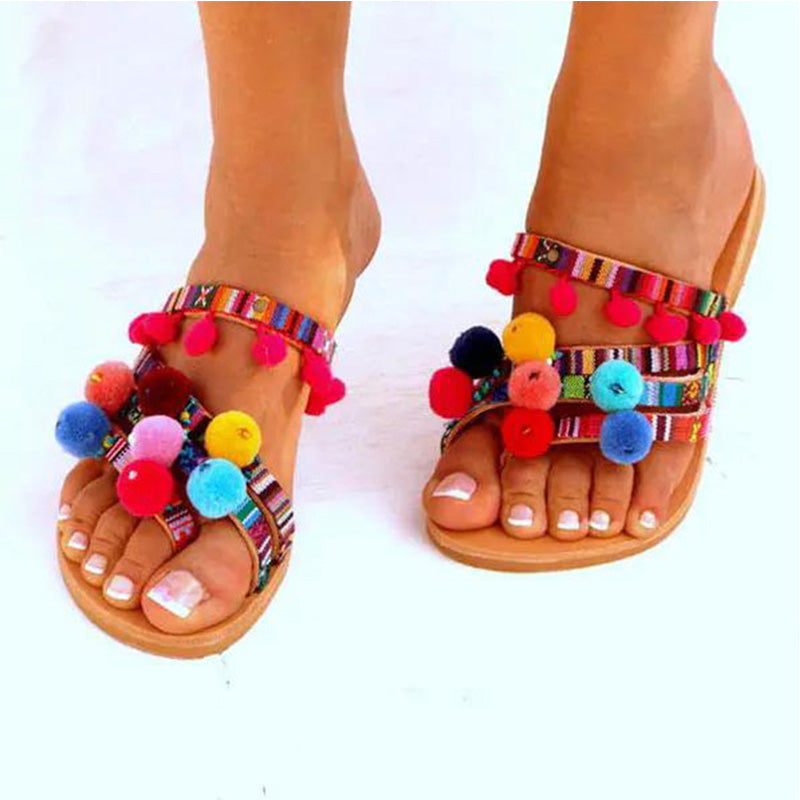 Colorful Fur Ball Ethnic Tribal Wind Beach Dress Slippers-consonak