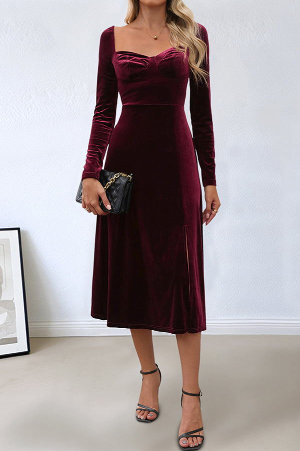 Solid Color Velvet Square Neck Long Sleeve Slit Midi Dress-consonak
