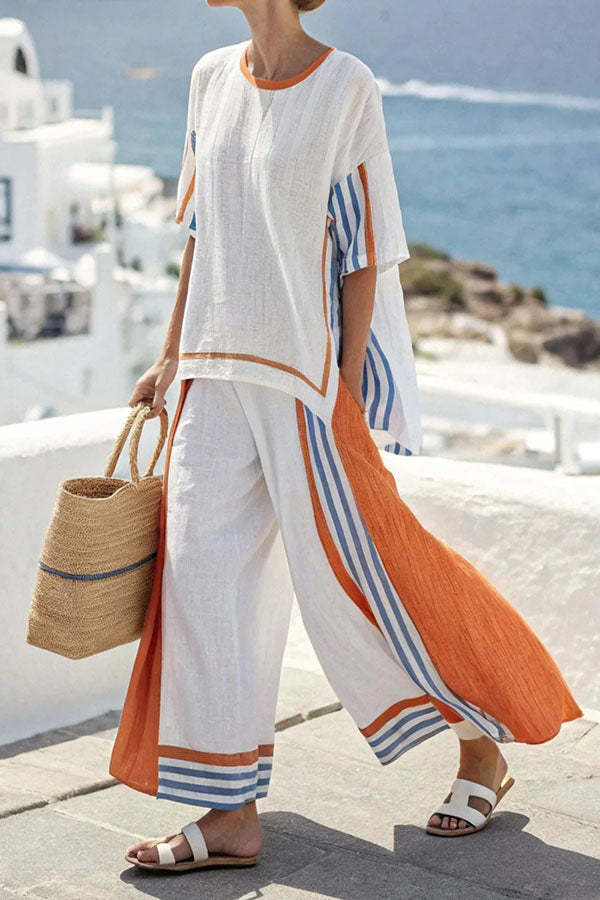 Linen Blend Unique Print Half Sleeve Top and Elastic Waist Pocket Loose Pants Set-consonak