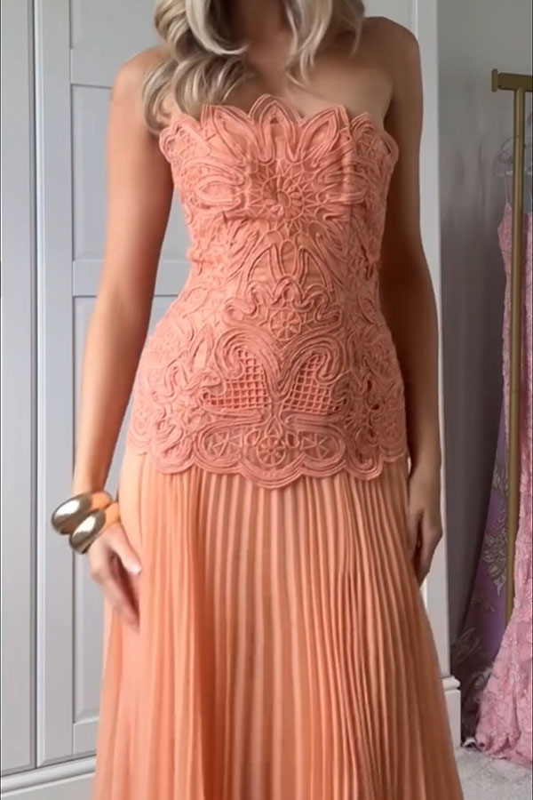 Sun Drifter Abstract Embroidery Cutwork Pleated Chiffon Hem Bandeau Maxi Dress