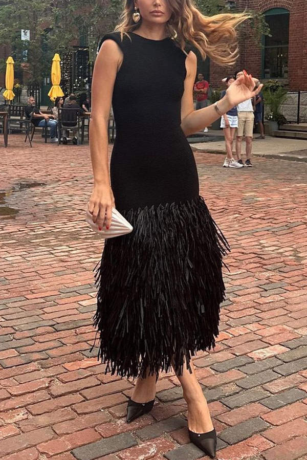 Christie Ribbed Patchwork Tiered Fringed Hem Zipper Backless Maxi Dress-consonak