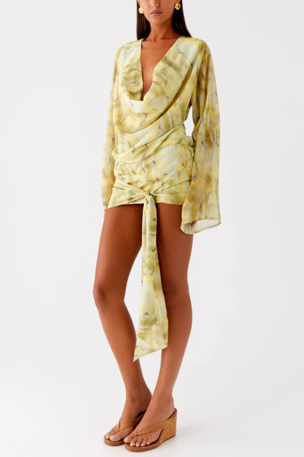 Tie-dye Print V-neck Long-sleeved Ribbon Vacation Mini Dress-consonak