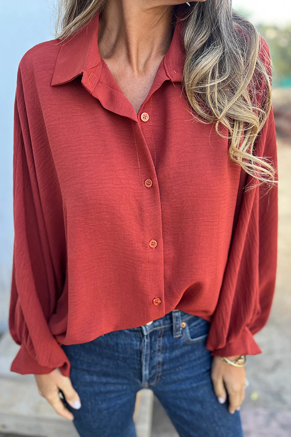 Solid Color Loose Batwing Sleeve Buttoned Casual Shirt-consonak