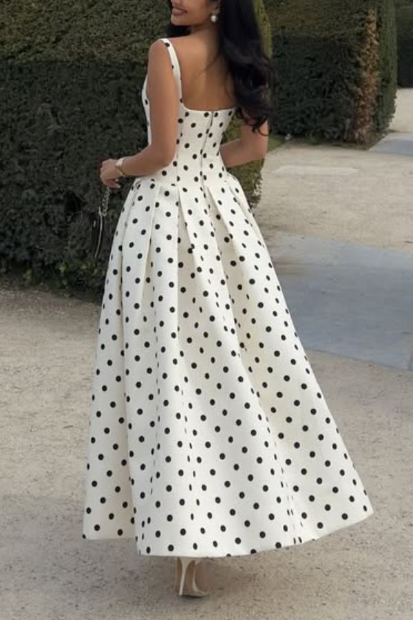 Polka Dot Print Square Neck Sleeveless Holiday Maxi Dress