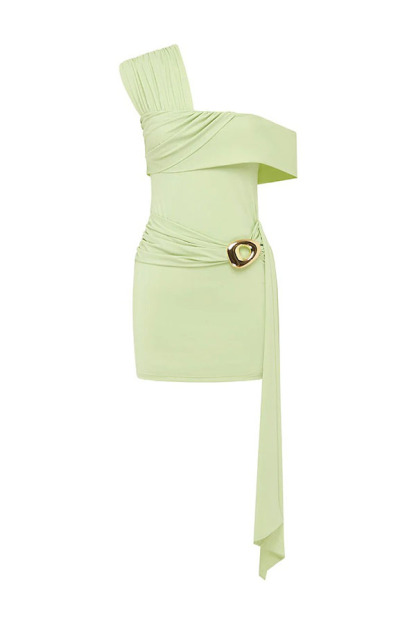 Kassi Mesh Asymmetrical Neckline Metal Buckle Drape Hem Stretch Mini Dress