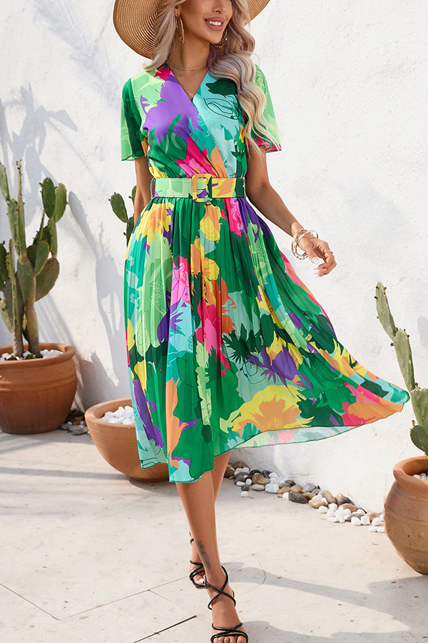 Paulette Contrast Floral Print Belted Pleated Midi Dress-consonak