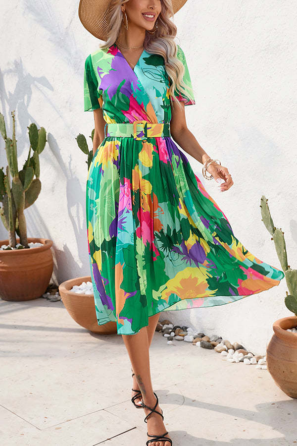 Paulette Contrast Floral Print Belted Pleated Midi Dress-consonak