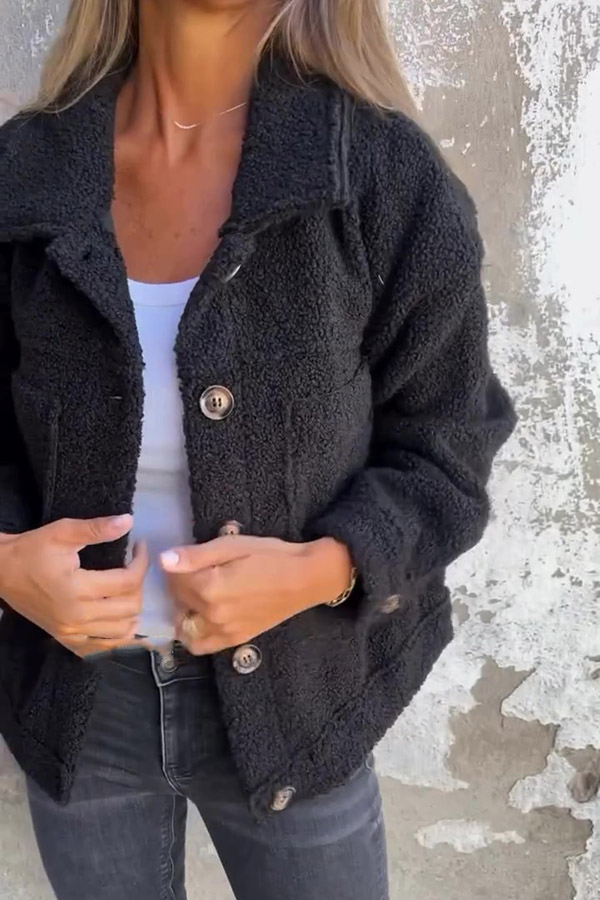 Solid Lapel Single-breasted Pocket Polar Fleece Coat-consonak