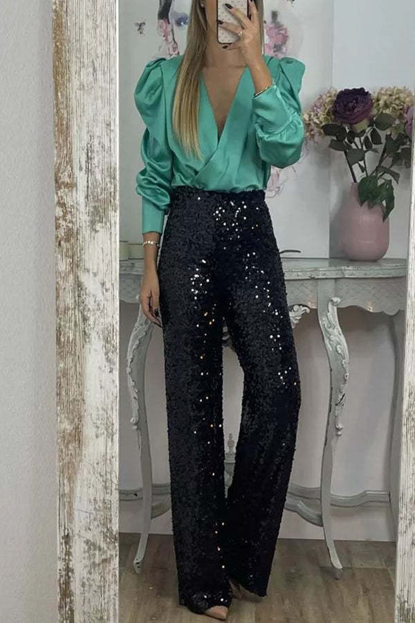 Perfectly Adored Satin Crossover Neckline Puff Sleeve Blouse-consonak