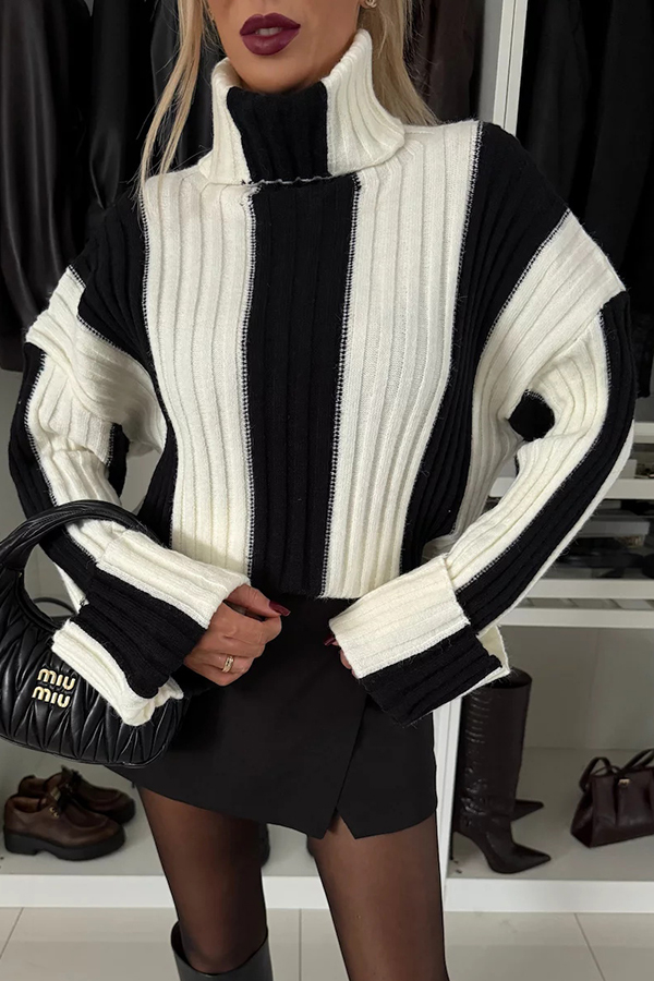 Comfort and Warmth Knit Color Block Long Sleeve Turtleneck Sweater-consonak