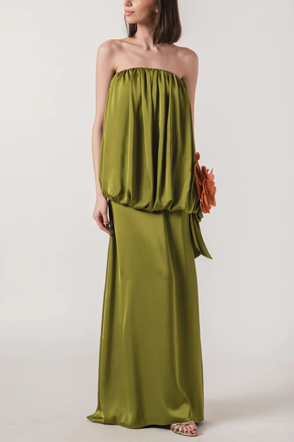 Simple Elegant Satin Voluminous Floral Detail Strapless Top and Elastic Waist Drape Maxi Skirt Set-consonak