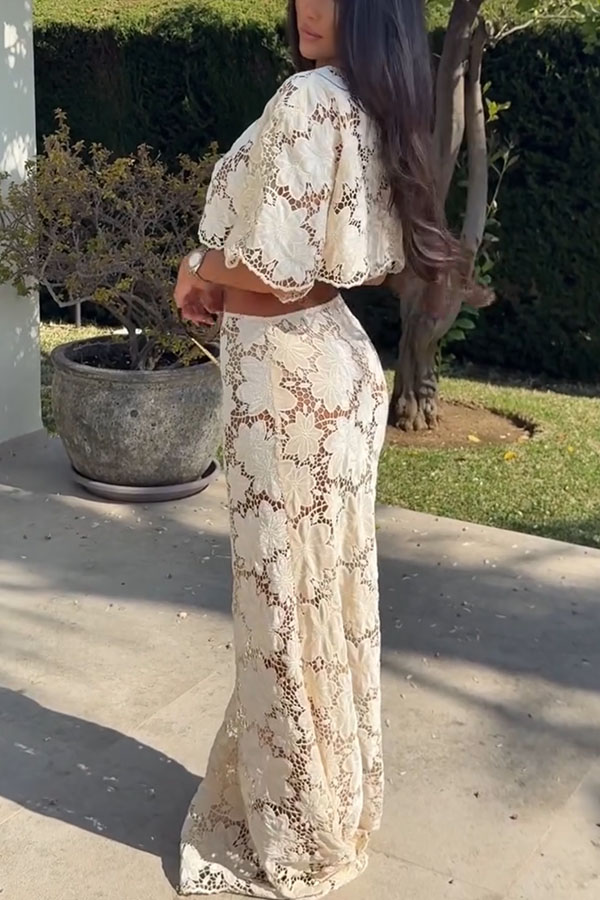 Modern Allure Floral Embroidery Lace Bell Sleeve Crop Top and High Rise Flare Maxi Skirt Set