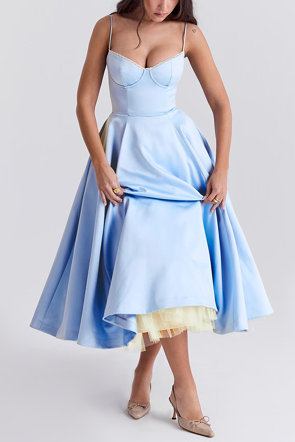 Fairytale Vibe Satin Patchwork Tulle Sweetheart Neck Pocket Stretch Midi Dress-consonak