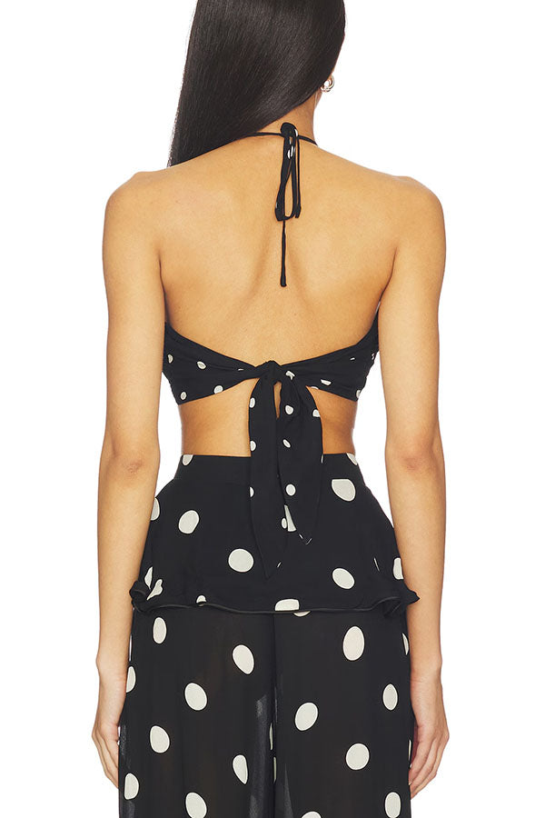 Adriana Polka Dot Bandeau Halter Top and Elastic Waist Pocket Skirt Hem Balloon Pants Set