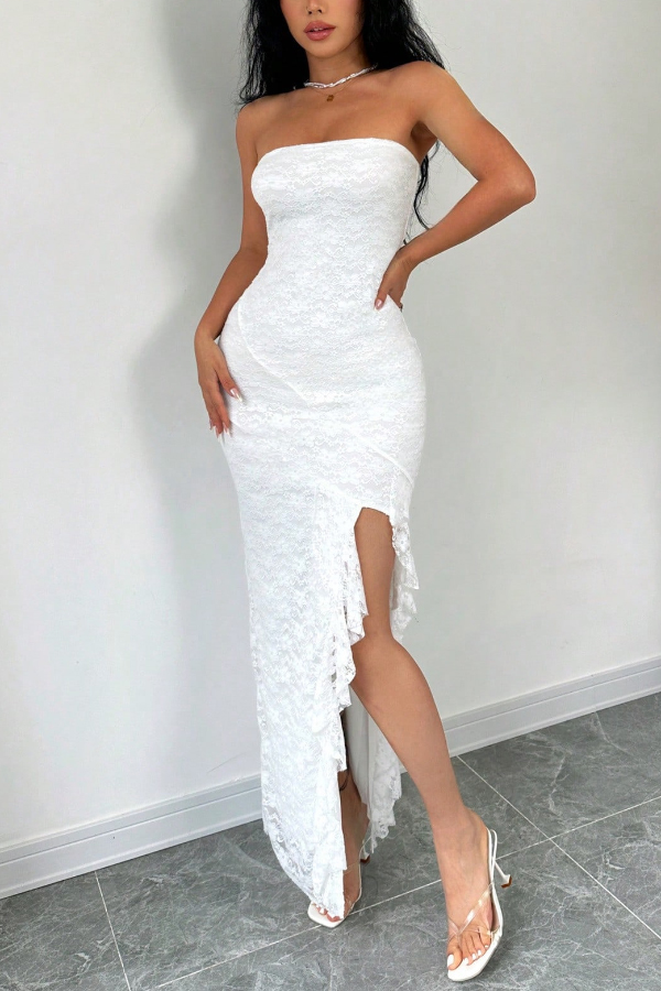 Solid Color Sleeveless Off-shoulder Slim Fit Slit Ruffle Maxi Dress