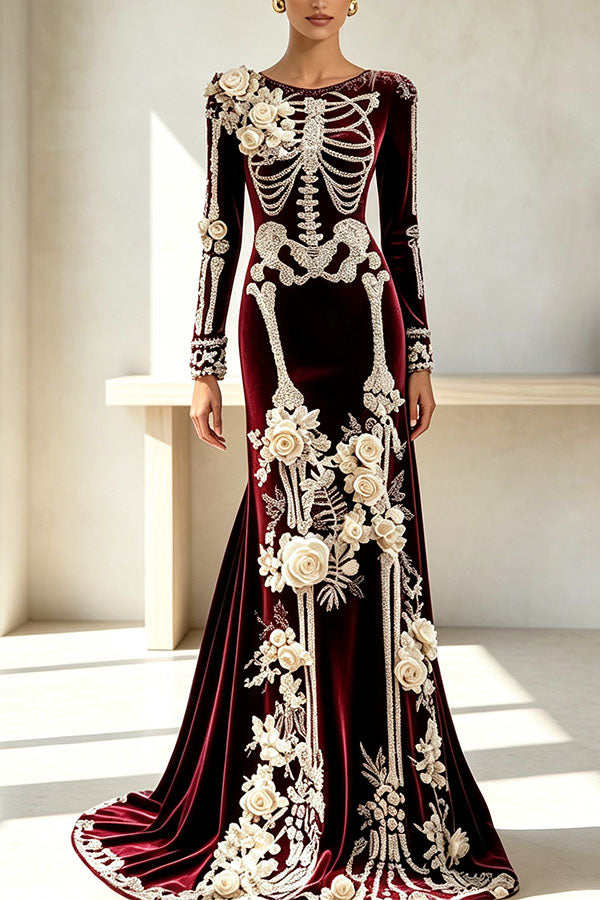 Luxury skull embroidered velvet dress-Consonak