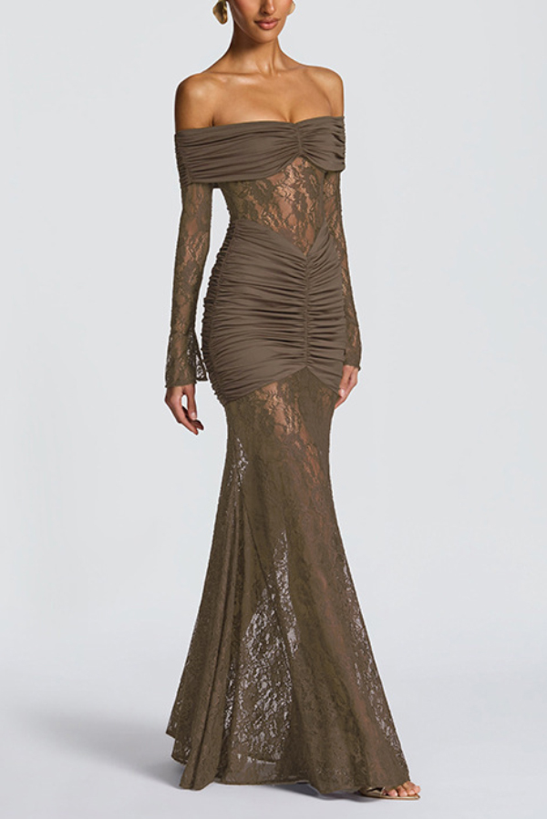 Solid Color Patchwork Lace Off-shoulder Long-sleeved Pleated Slim-fit Maxi Dress-consonak