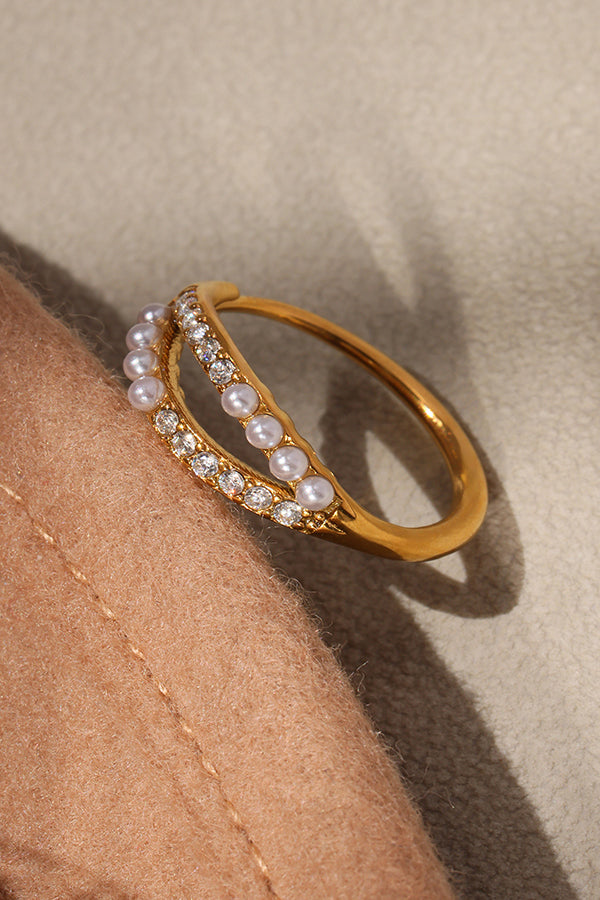 Fashionable Double-layer Inlaid Rhinestone Pearl Ring-consonak