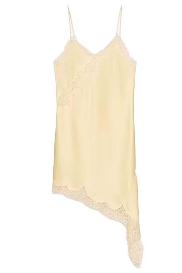 Elouise Satin Lace Trim V-neck Asymmetrical Hem Slip Mini Dress-consonak