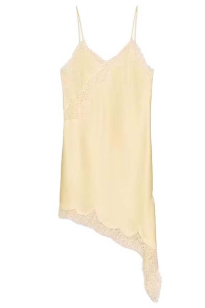 Elouise Satin Lace Trim V-neck Asymmetrical Hem Slip Mini Dress-consonak