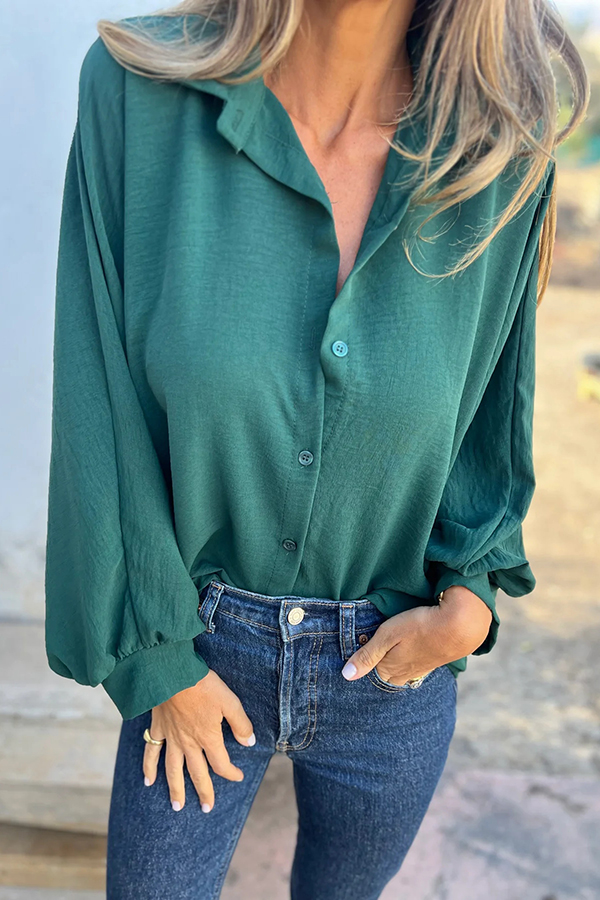 Solid Color Loose Batwing Sleeve Buttoned Casual Shirt-consonak