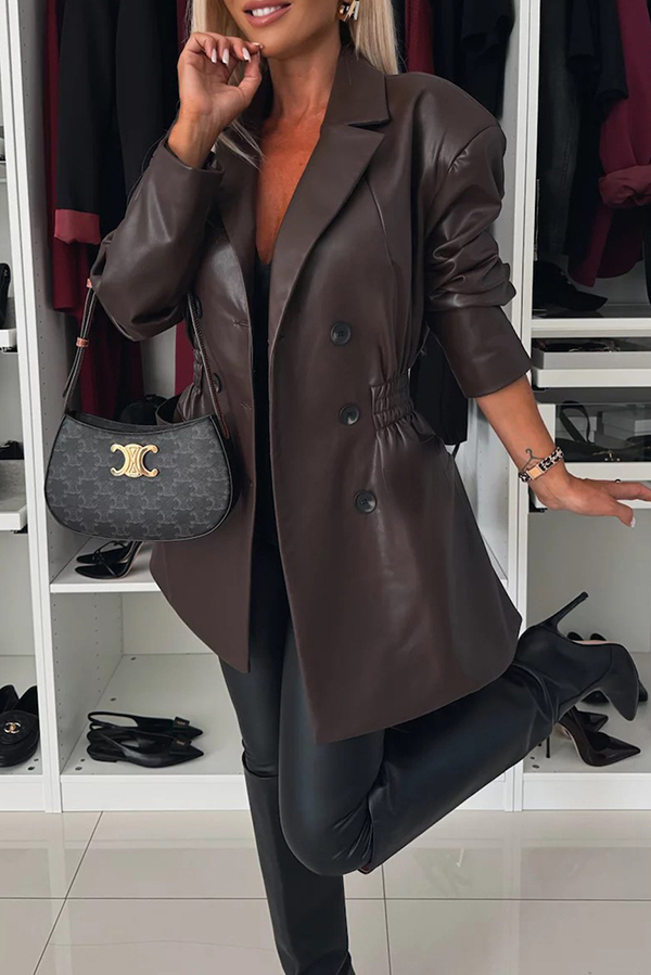 Fashionable Items Faux Leather Button Up Elastic Waistband Lapel Blazer-consonak