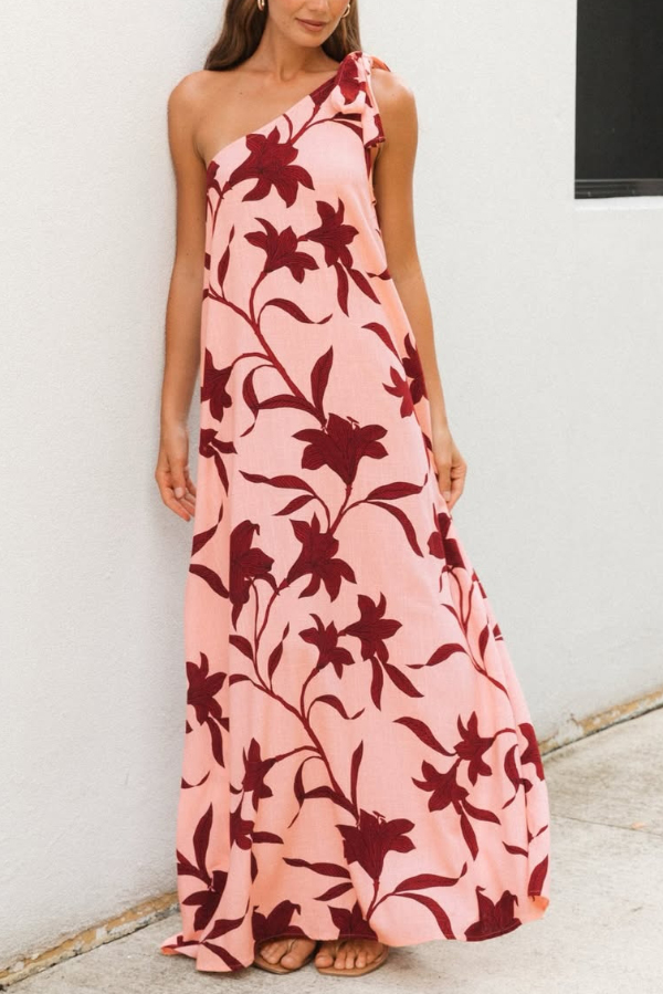 Botanical Print Sleeveless One-shoulder Tie-up Casual Vacation Maxi Dress-consonak
