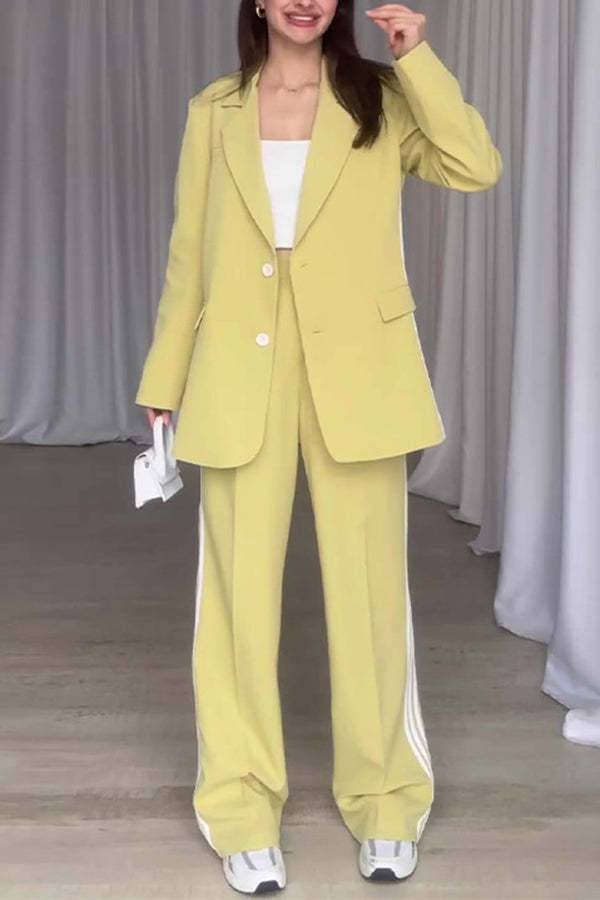 Fresh and Casual Style Striped Trim Lapel Blazer and High Rise Pocket Loose Pants Set-consonak