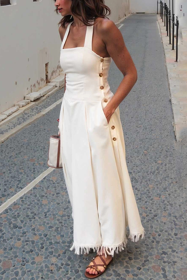 Bohemian Square Neck Pocket Tassel Holiday Maxi Dress-consonak