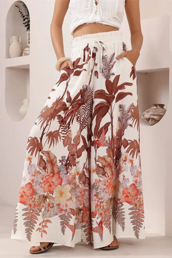 Leaf Print Casual Elastic Waist Pocket Loose Wide-leg Pants | Consonak