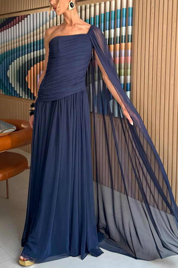 Marsala Ruched Tulle One Shoulder Asymmetrical Floor-length Sleeve Drape Maxi Dress