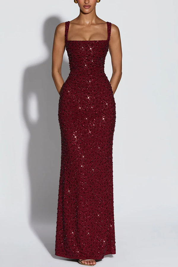 Calanthe Sequin Embellished Chiffon Ruched Square Neck Back Lace-up Maxi Dress | Consonak