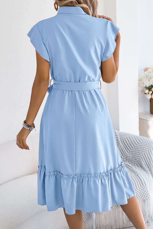 Solid Color Stand Collar Button Waist Tie Casual Midi Dress-consonak