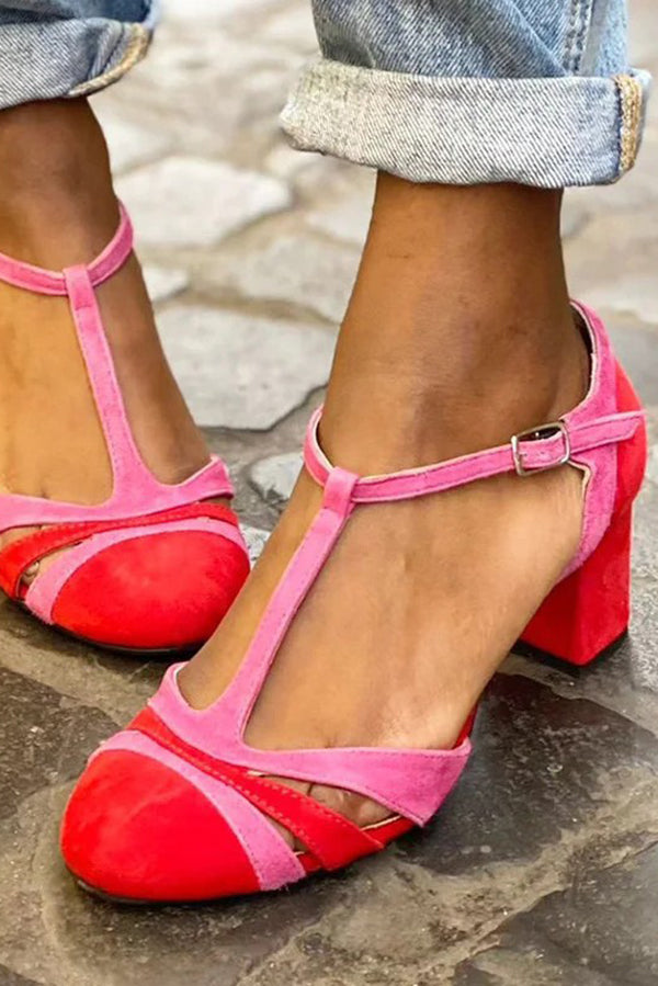 Color-blocked Faux Suede Chunky Heel Sandals-Consonak