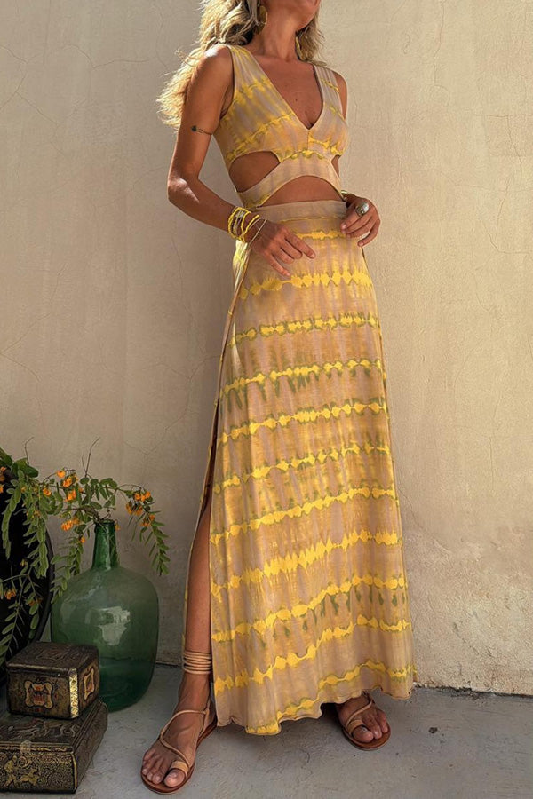 Eleanor Tie-dye Print Cutout Design Slit Stretch Dress | Consonak