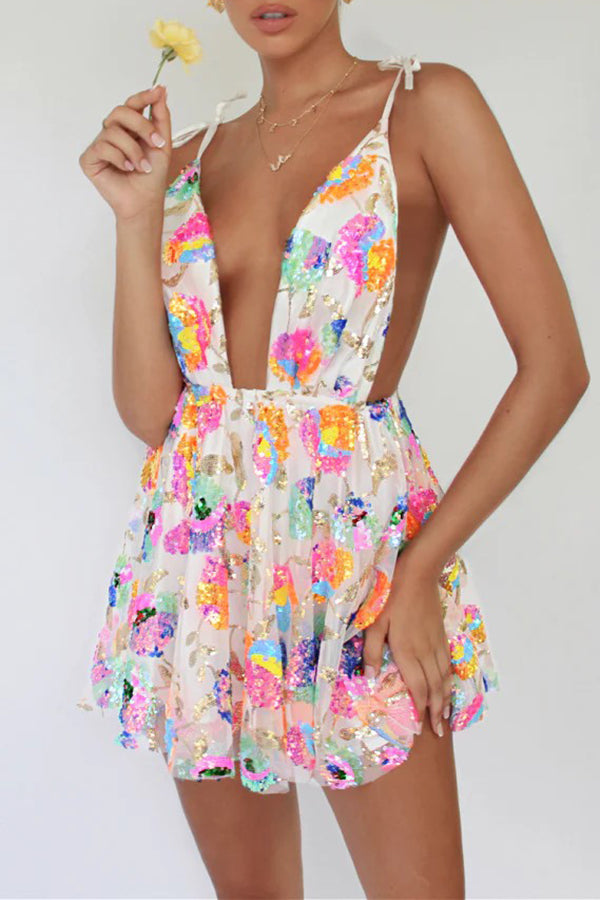 V Neck Open Back Sequined Floral Tie A Line Mini Dress-consonak