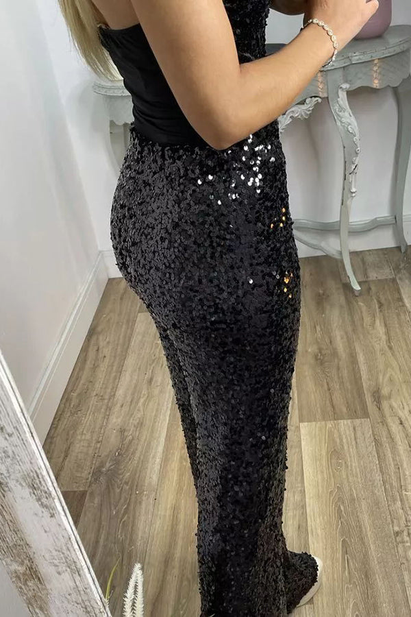 Glitzy Glamour Sequin High Rise Elastic Waist Wide Leg Pants | Consonak