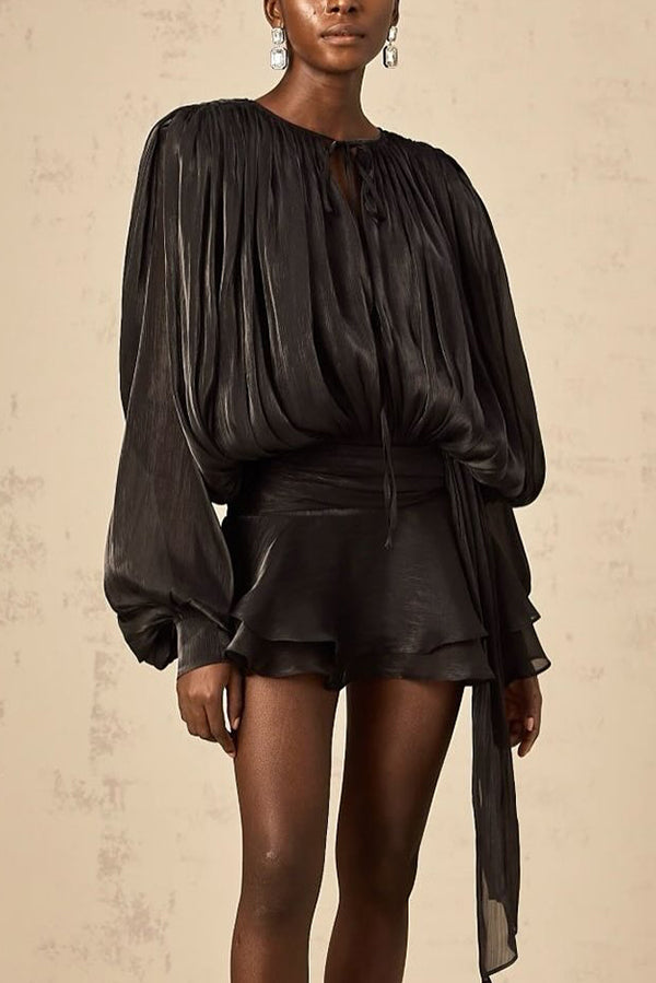 Solid Color Long-sleeved Belted Asymmetrical Mini Dress and Elastic Waist Casual Shorts Set-consonak