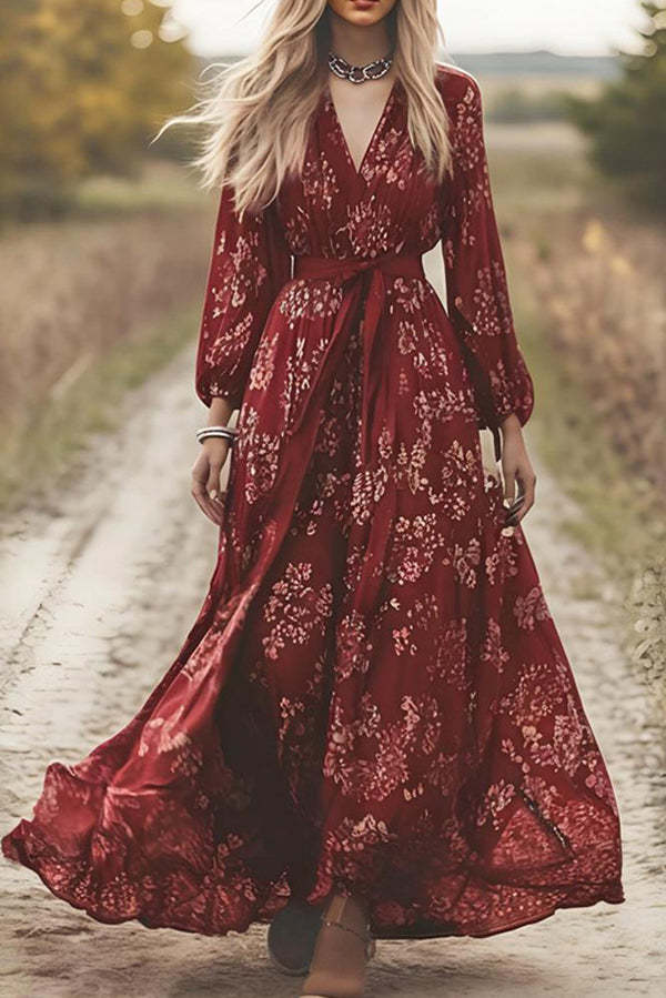 Floral Print V-neck Long-sleeved Fitted Waist Tie Maxi Dress-consonak