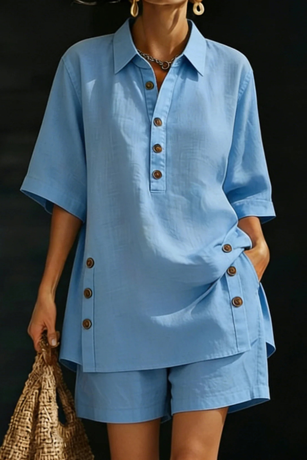 Solid Color Collared Short-sleeved Button-down Loose Top and Elastic Waist Pocket Shorts Set-Consonak