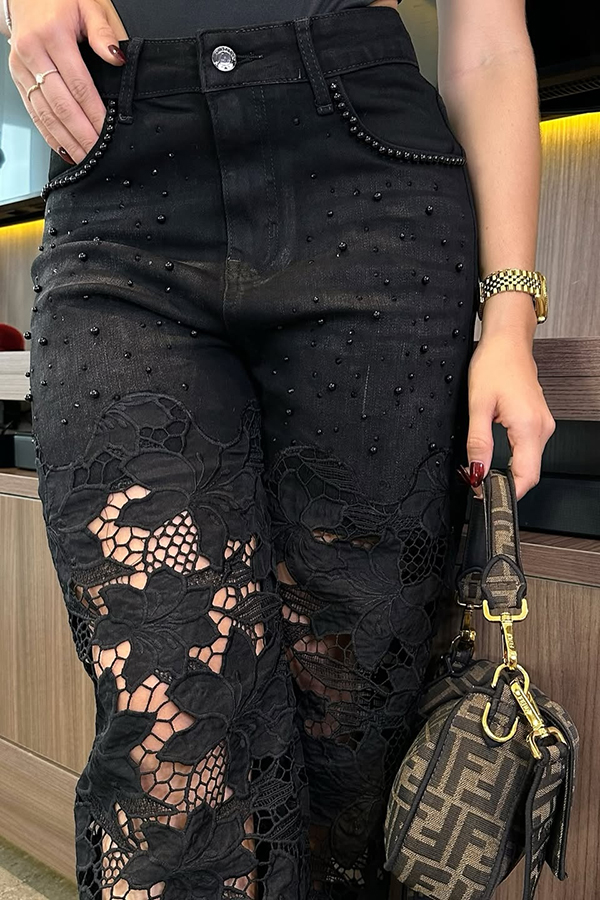 Fashionable Openwork Lace Patchwork Wide-leg Jeans-consonak