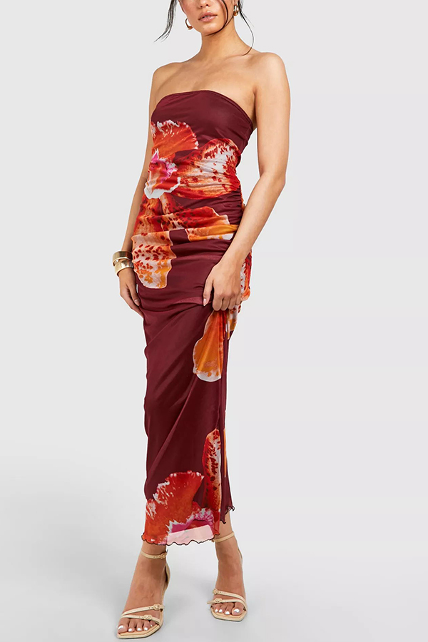 Oh So Sunny Mesh Floral Print Bandeau Stretch Maxi Dress-consonak