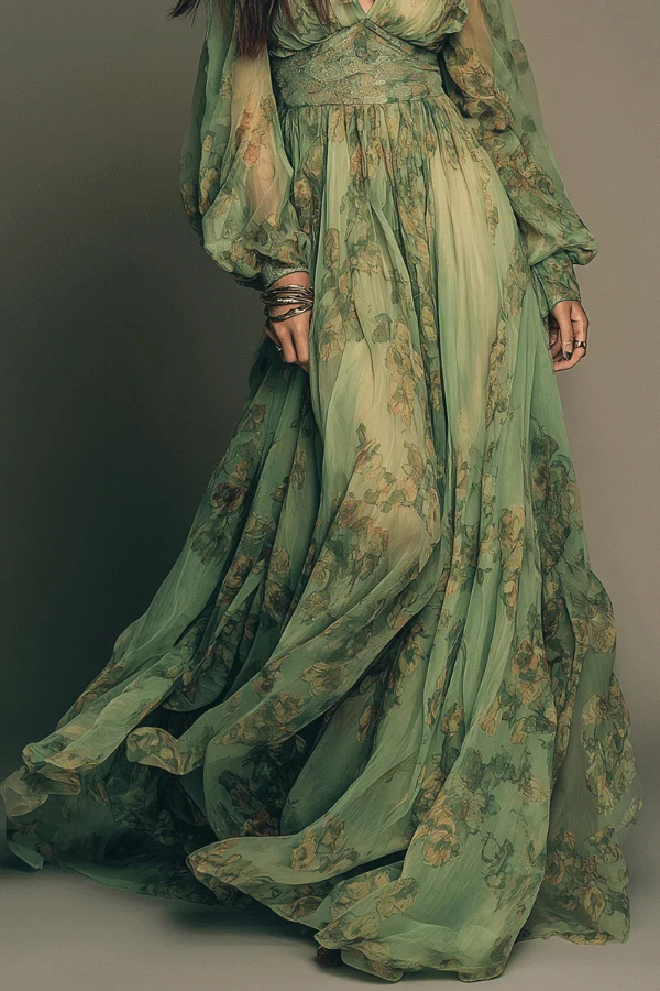 Botanical Print V-neck Long-sleeved Fitted Waist Casual Maxi Dress | Consonak