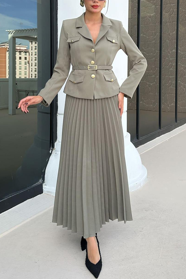 Solid Color Lapel Button Belt Blazer and Pleated Casual Maxi Skirt Set-consonak