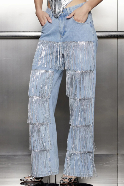 Stylish High-waisted Pocket Tassel Casual Straight Leg Jeans-consonak