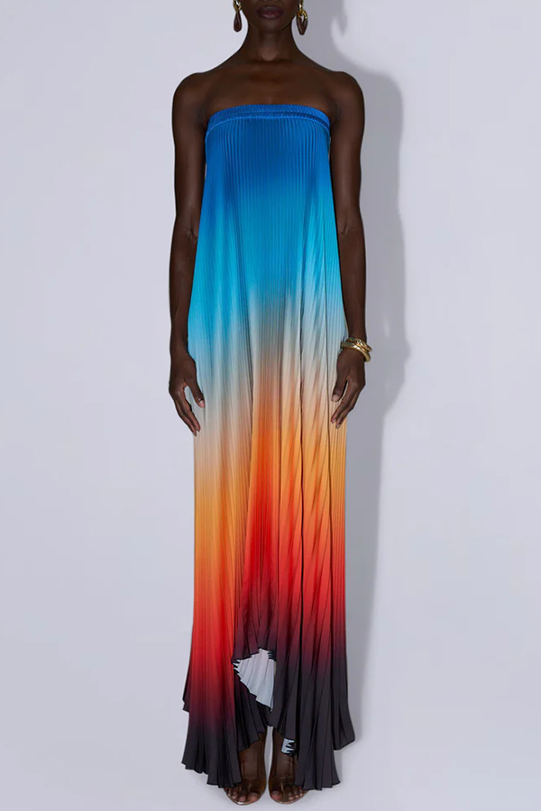 Ibiza Sunset Pleated Gradient Print Strapless Asymmetrical Hem A-line Maxi Dress