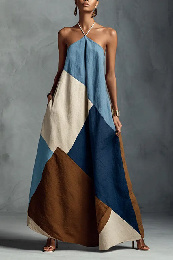Tuscan Sun Geometric Patchwork Halter Dress-Consonak