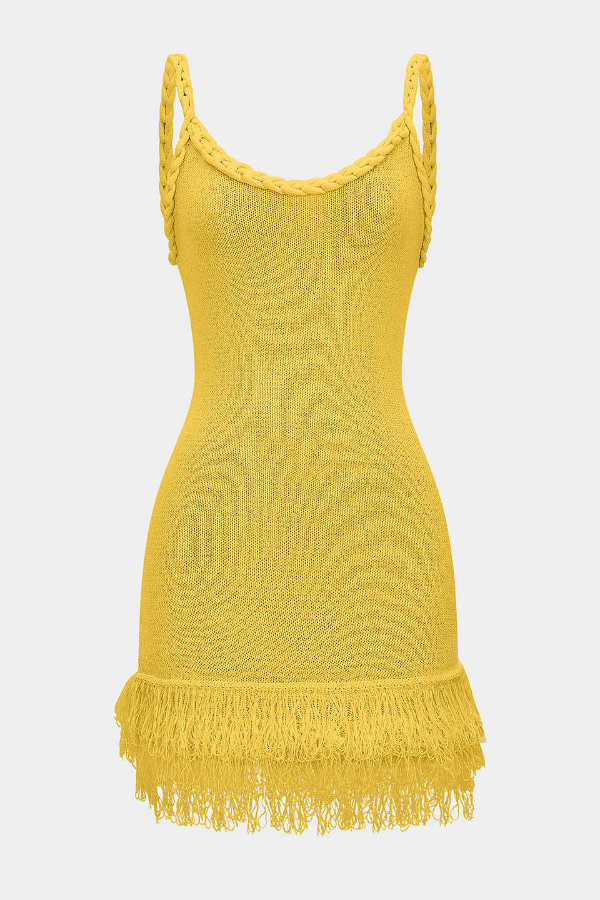 Solid Color Cable Camisole Slim Fit Tassel Knit Mini Dress-consonak