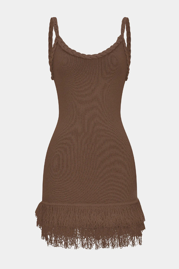 Solid Color Cable Camisole Slim Fit Tassel Knit Mini Dress-consonak